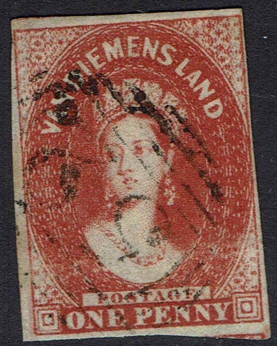 TASMANIA 1855 QV CHALON 1D IMPERF WMK STAR USED 