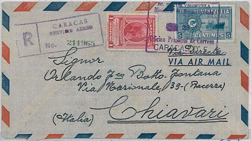 VENEZUELA -  POSTAL HISTORY - REGISTERED AIRMAIL COVER to ITALY - 1950