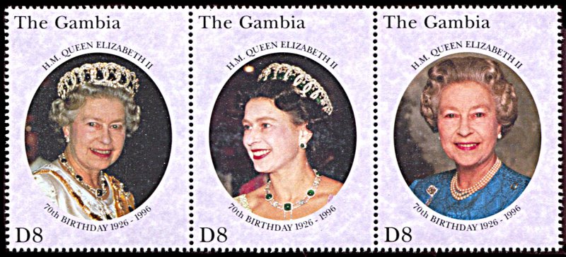 Gambia 1744, MNH, 70th Birthday of Queen Elizabeth II strip of 3