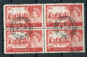 BRITAIN; 1950s early QEII issue fine used 5s. BLOCK OF 4