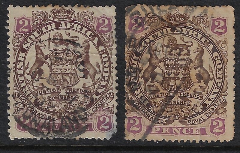 Rhodesia 2d arms used both colours SG 43, 43a/ Sc 52. Brown & mauve + yel (a1924