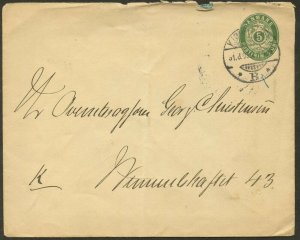 DENMARK 5 ore Green Stationery Envelope 1905 Local Kopenhagen Use