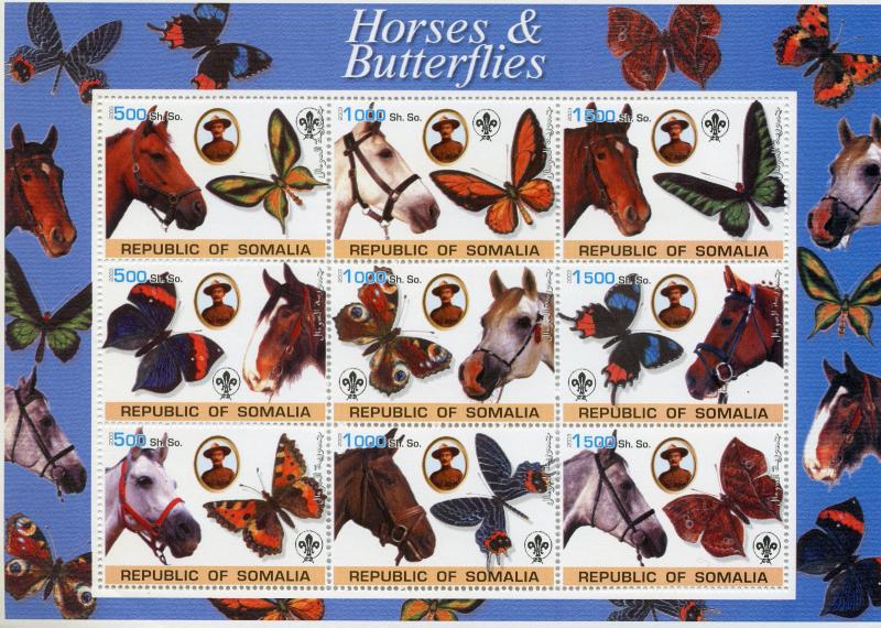 Somalia 2003 MNH Horses & Butterflies 9v M/S Scouting Animals Butterfly Stamps