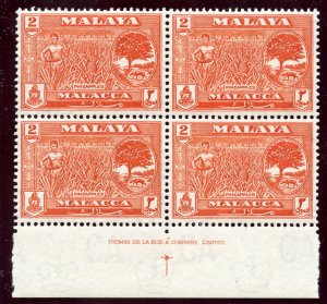 Malaya- Malacca 1960 QEII 2c De La Rue Imprint block of four superb MNH. SG 51.