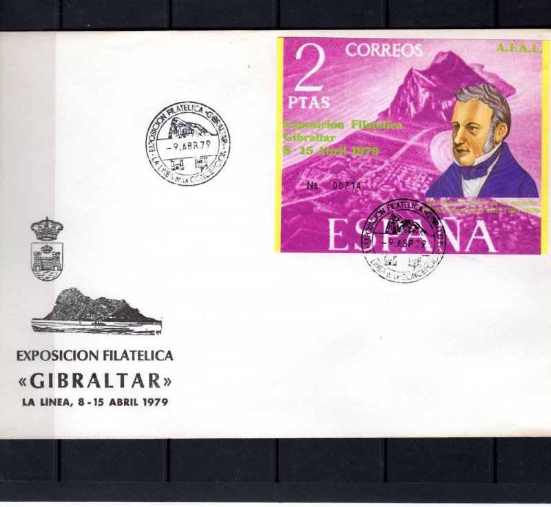 Spain 1979 Sir Rowland Hill Souvenir Sheet Philatelic Exhibition Gibraltar FDC