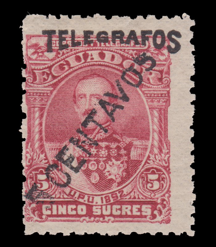 ECUADOR 1893 SCOTT # 38. UNUSED. OVERPRINTED TELEGRAPH