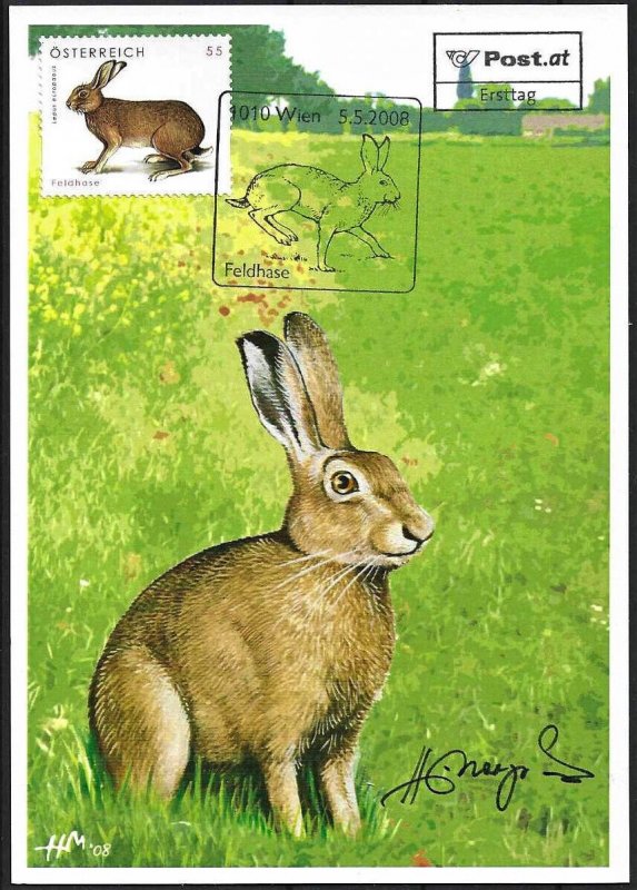 2008 Austria Rabbits, Hare, Artist signed FDC-Maxi-Card! BEAUTIFUL!! 