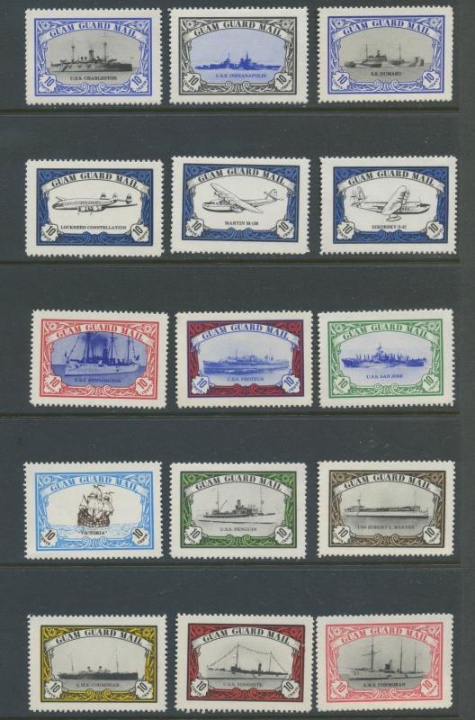GUAM GUARD MAIL LOT OF 15 POSTER STAMPS FEAT MILITARY SHIPS & PLANES (LOT 1051)
