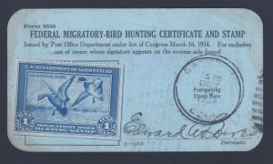 Form 3333 - 1934 Federal Duck Hunting Permit - RW1 - Connecticut