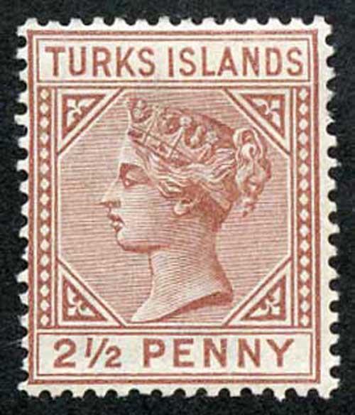 TURKS ISLANDS SG56 2 1/2d red-brown Wmk Crown CA Perf 14 M/M (hinge remainder)