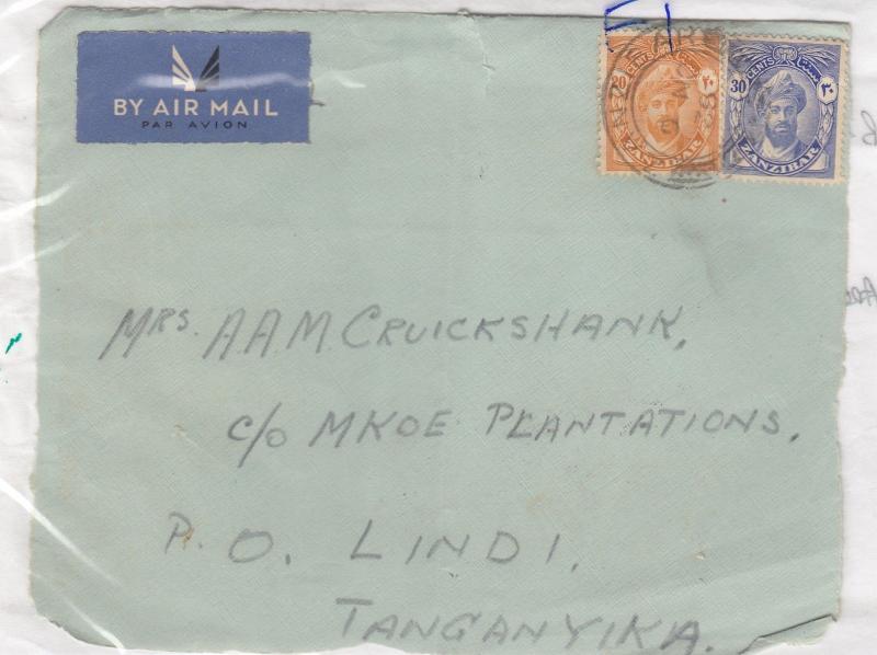 Zanzibar 1938 20c 30c Airmail Cover Front To Tanganyika X8862