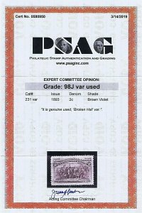 SC# 231VAR USED 2C LANDING OF COLUMBUS1893  BROKEN HAT 2019 PSAG CERT GRADED 98J