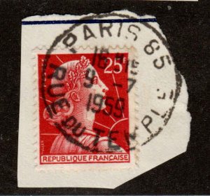 France  #756, Used, Postmark PARIS 85, RUE du TEMPLE, 9-7-1959