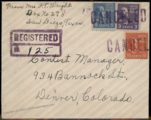 USA 1940 San Diego Prexie Registered CANCELED Denver Colorado Cover 94370