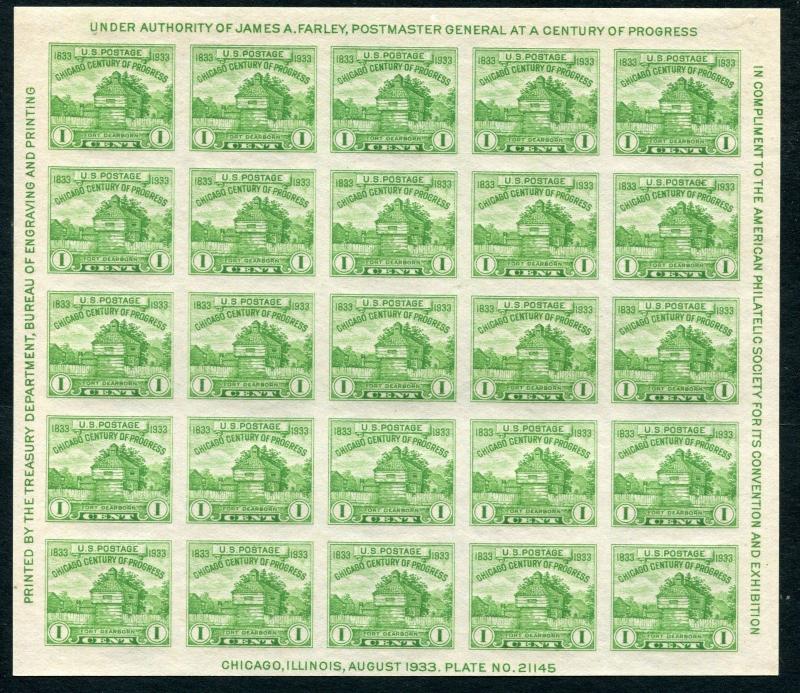 US Scott #730 Chicago 1¢ Imperforate Farley Souvenir Sheet NGAI