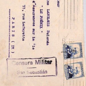 SPAIN Cover San Sebastian *SPANISH CIVIL WAR* Military Censor 1937 Paris YG175