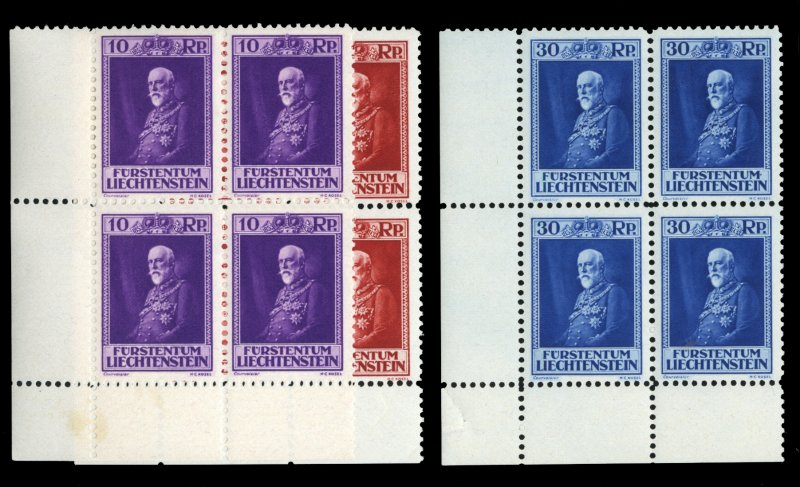 Liechtenstein #111-113 Cat$720+, 1933 Prince Francis I, sheet corner margin b...