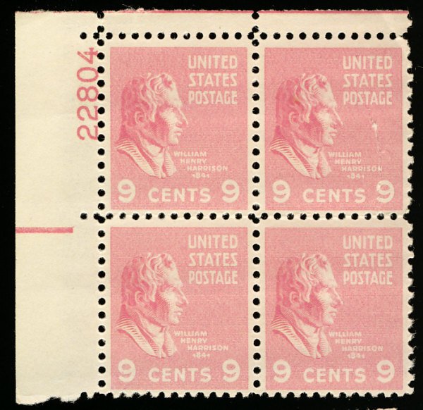 US #814 PLATE BLOCK, VF mint never hinged, 9c Harrison, super fresh pink colo...