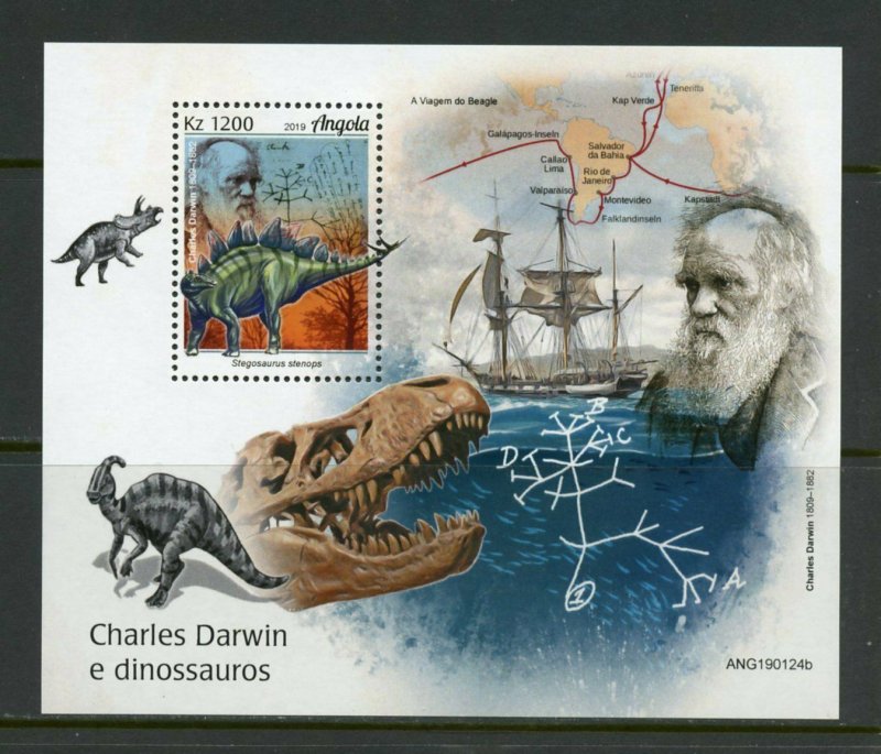 ANGOLA 2019 CHARLES DARWIN AND DINOSAURS SOUVENIR SHEET MINT NEVER HINGED 