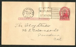 1921 US Postal Card Los Angeles Westlake Station to Pasadena Film Development