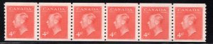 Scott 310 coil, Strip of 6, 4c King George VI with Postes / Postage, Canada