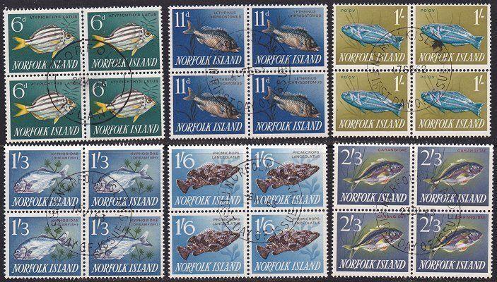 NORFOLK IS 1962-63 Fish set of 6 fine used blocks of 4.....................64957