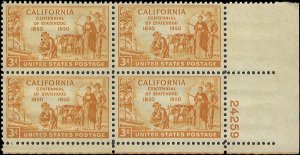 Scott # 997 1950 3c yel  Gold Miner & Pioneers  Plate Block - Lower Right - M...