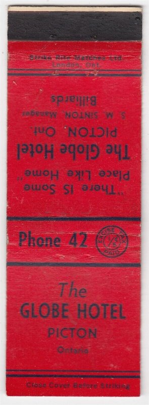 Canada Revenue 1/5¢ Excise Tax Matchbook THE GLOBE HOTEL PICTON, ONTARIO