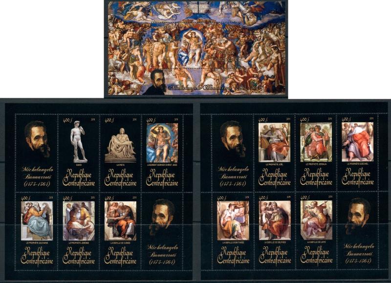 Central Africa Art Religion Michelangelo complete MNH stamp set 15 sheets