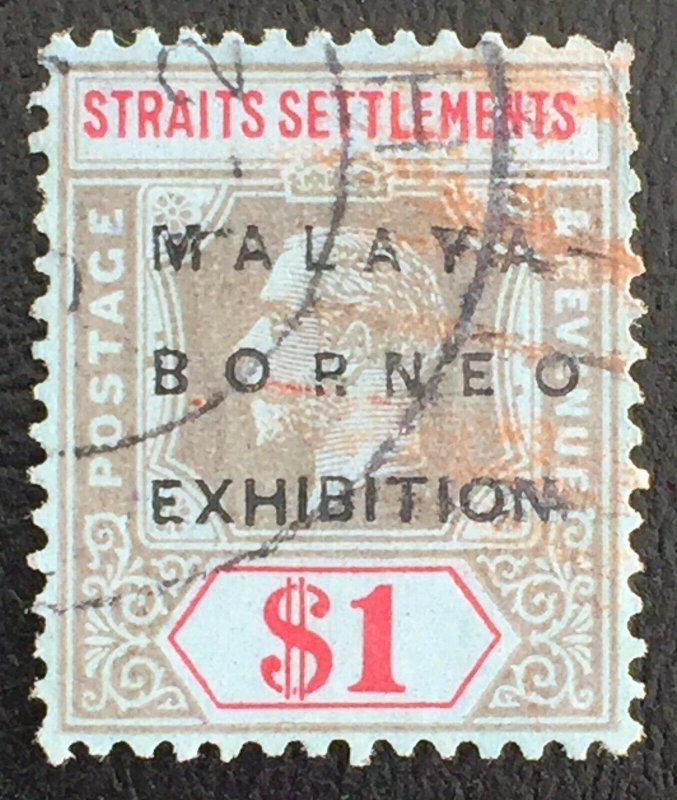 MALAYA 1922 MBE opt Straits Settlements KGV $1 MSCA USED SG#255 with fault M2408