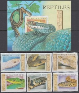 BENIN Sc# 1170-6 CPL MNH SET of 6 + SOUVENIR SHEET of VARIOUS SNAKES