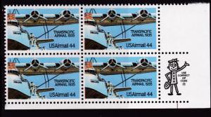 United States 1985  44cent Transpacific Airmail MR. ZIP Block. VF/NH