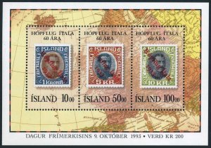 Iceland 772 sheet,MNH.Michel 788-790 Bl.14. Italian Group Flight,60,1993.Map.