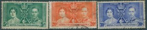 Kenya Uganda and Tanganyika 1937 SG128-130 KGVI Coronation set FU (amd)