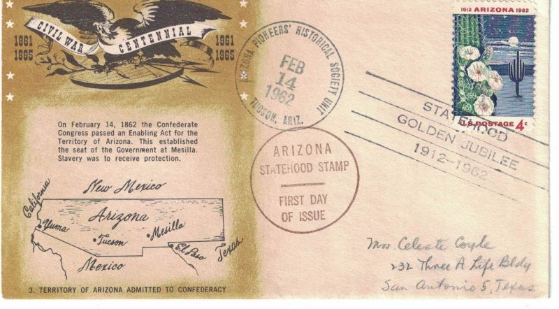 1962 FDC, #1192, 4c Arizona Statehood 50th, Civil War Cent. Commission