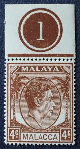 Malaya MALACCA 1949-52 KGVI 4c MNH Top Margin Plate 1 SG#6 M5081