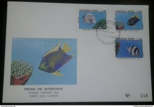 O) 1993 HONDURAS, FISHES-POMACANTHUS-HOLACANTHUS-CHAETODON STRIATUS, FDC XF