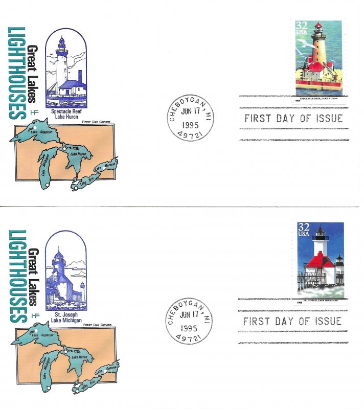 1995 FDC, #2969-2973, 32c Great Lakes Lighthouses, House of Farnam (5)