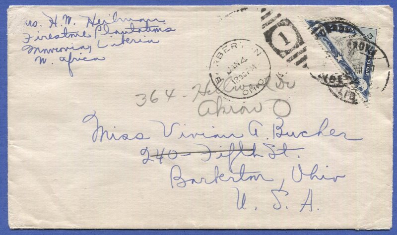 LIBERIA 1937 cover, 5c Triangle Bird stamp, Firestone Rubber Plantation