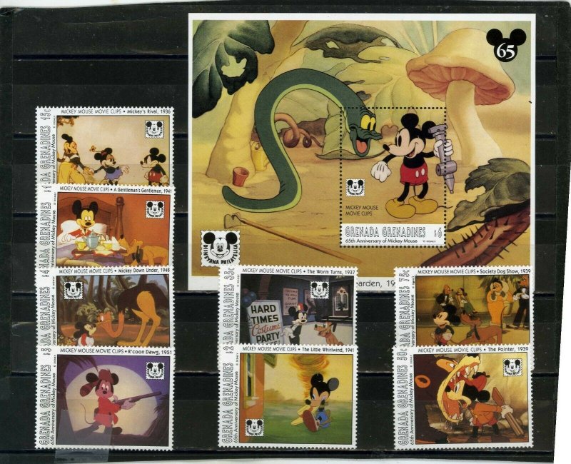 GRENADA GRENADINES 1993 DISNEY MICKEY 65th ANNIVERSARY 8 STAMPS & S/S MNH 