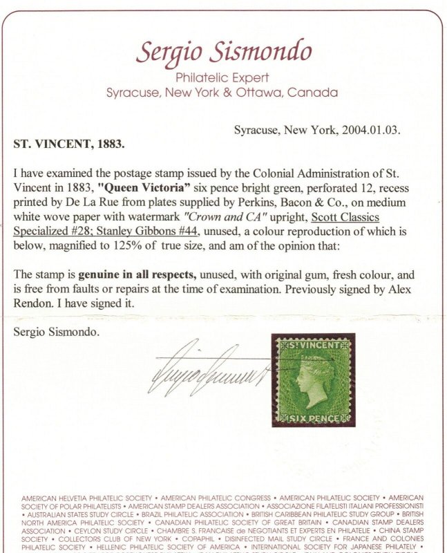 St Vincent #28 (SG #44) Very Fine Mint Full OG Hinged **With Certificate**