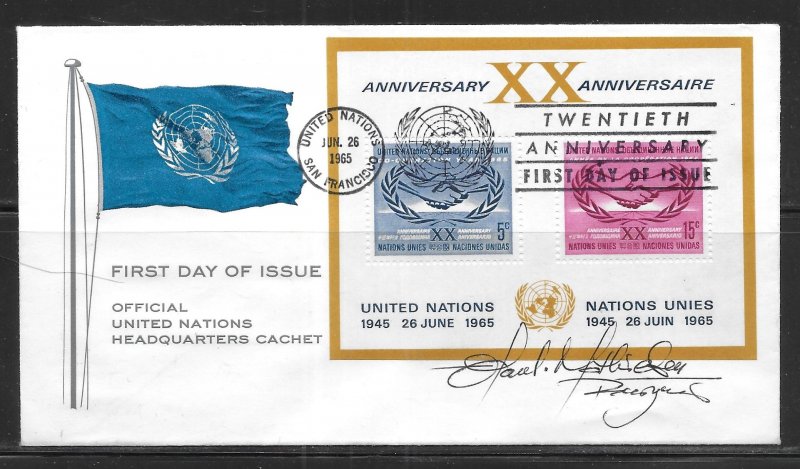 United Nations 143-5 20th UN Headquarters Cachet FDC SF Cancel Sign by Designer