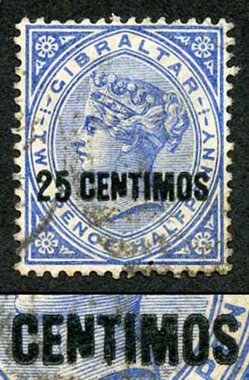 Gibraltar SG18b 1889 25 on 2 1/2d Bright Blue Variety BROKEN N