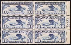 U.S. Mint Stamp Scott #C10 10c Air Mail Plate # Block of 6. Never Hinged.