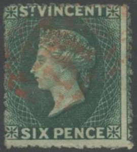 ST. VINCENT Sc#14a 1871 6p dp grn Wmk Sideways Red Dated Cancel Used (cd)