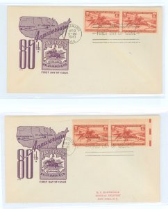 US 894 1940 3c Pony Express/80th anniversary (pairs) on two first day covers with matching Gilbert cachets plus cancels from St.