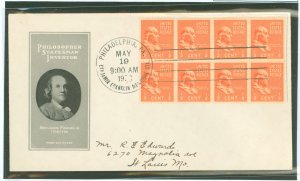 US 803 1938 1/2c Benjamin Franklin (presidential/prexy series) block of eight on an addressed first day cover with an Ioor cache