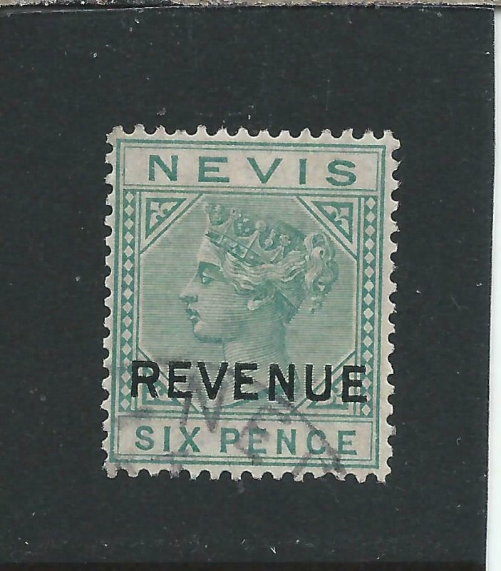 NEVIS 1882 FISCAL POSTALLY USED 1882 6d GREEN FU SG F8 CAT £65