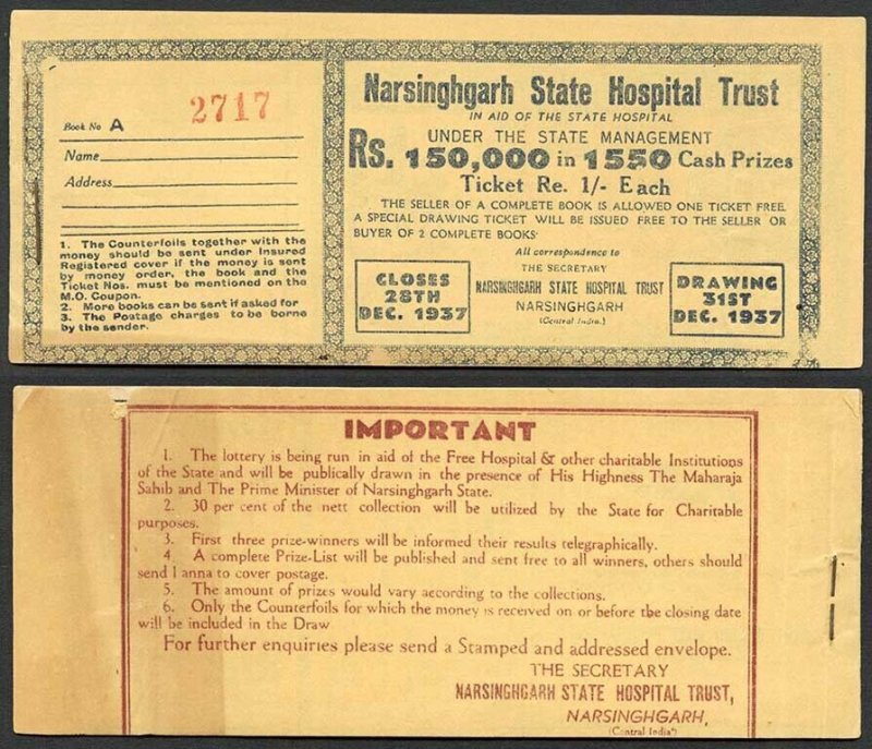 Narsingarh 1937 State Hospital Tickets (full book of 6)