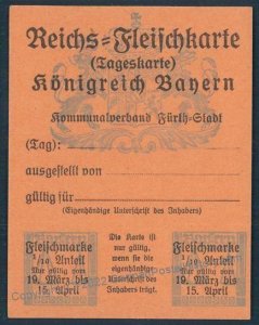 German Empire WWI Bayern Bavaria Fuerth City Meat Ration Card 52057